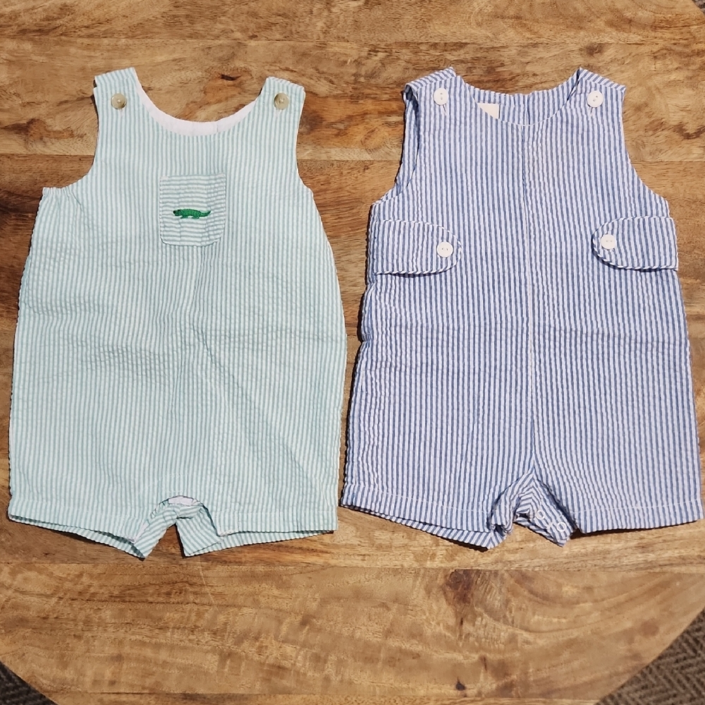 Starting Out (Green) And P A Classics (Blue) Striped Seersucker Baby Rompers